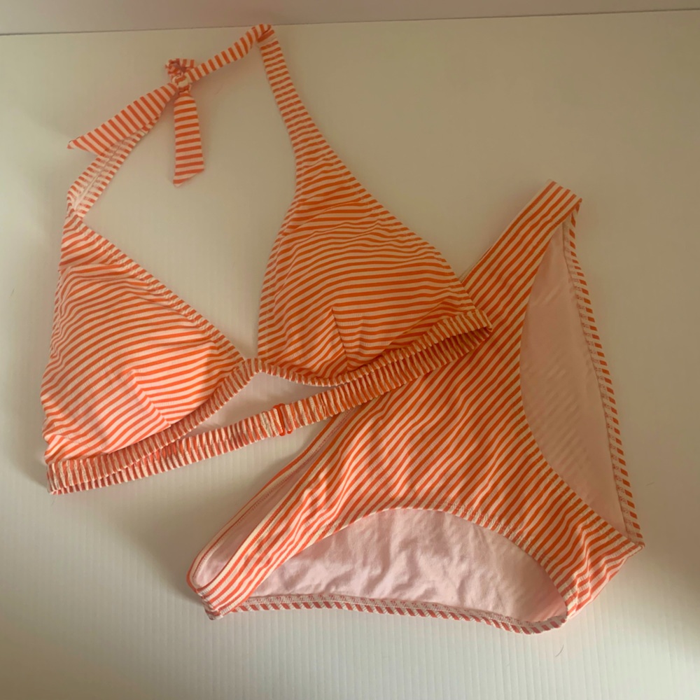 Aerie Tangerine and Cream Seersucker-look Bikini NWOT Size L